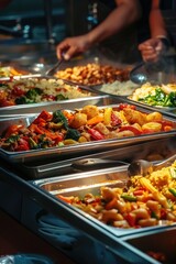 Obraz premium A diverse selection of food items on a buffet table. Ideal for catering and event concepts