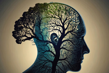 Human head silhouette with tree inside symbolizes nature and brain connectivity. Conceptual imagery for creativity and growth. 
