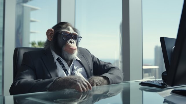 A monkey in fashionable stylish clothes sits at a desk in the office. Chimpanzee manager at work