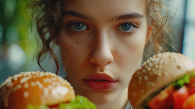 A Woman Holding Two Hamburgers In Front Of Her Face. Suitable For Food And Lifestyle Concepts