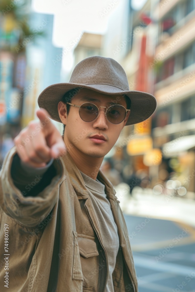 Poster a man wearing a hat and sunglasses pointing at the camera. suitable for various concepts