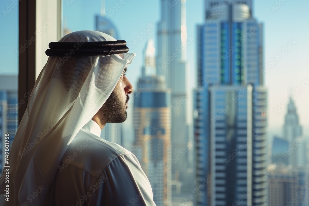 Poster a man standing in front of a window, gazing out at a cityscape. suitable for business or travel conc