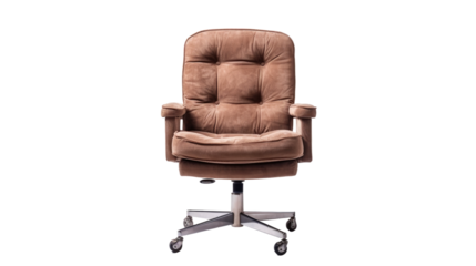 Brown Office Chair on Metal Base. A brown office chair is placed atop a sturdy metal base. The chairs backrest, seat, and armrests are visible, contrasting with the sleek silver finish of the base.