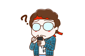 （上半身斜め）スマホを持って使い方が分からなくなり疑問を持つメガネをかけたオタク