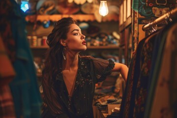 Fototapeta na wymiar Elegant woman browsing through a vintage clothing store, surrounded by ornate garments.
