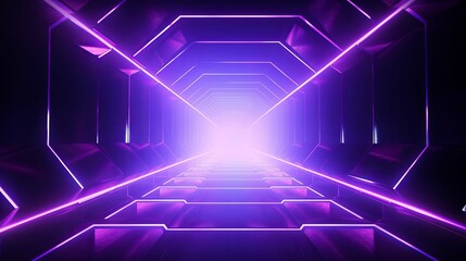 Neon Hexagon Tunnel Background with Fluorescent Glowing Light Lines. Futuristic Technology Concept.