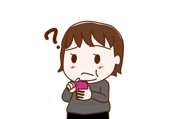 （上半身斜め）スマホを持って使い方が分からなくなり疑問を持つ太った女性