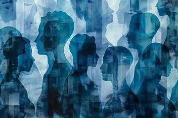 Artistic representation of multiple human profiles overlapping in shades of blue, depicting social diversity.

