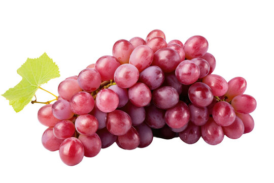 Bunch of Grapes With Leaf. A cluster of grapes, accompanied by a leaf, is placed on a clean white surface. The grapes are tightly packed together and appear fresh.
