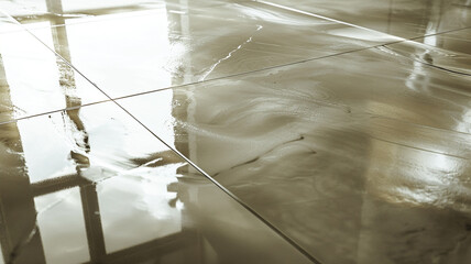 An ultra-HD image showcasing a modern floor design with large format porcelain tiles in a metallic finish, featuring a subtle shimmer and reflective quality.