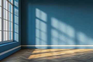 A simple empty room with a blue wall and parquet floor. Suitable for interior design concepts