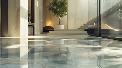 An ultra-HD image showcasing a modern floor design with large format porcelain tiles in a metallic finish, featuring a subtle shimmer and reflective quality.