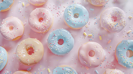 Flat lay Food photo of pink glazed donuts