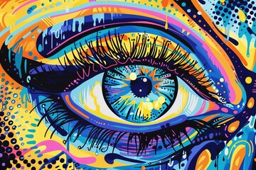 Vibrant psychedelic eye painting, bursting with colors and intricate patterns, ideal for creative concepts.

