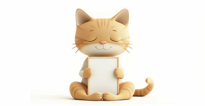 Playful Cartoon Cat Holding Blank Photo Frame on White Background
