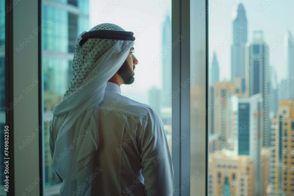Poster a man standing in front of a window looking out at a city. suitable for business and urban lifestyle