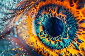 Stunning close-up of a human eye with fiery and icy patterns, symbolizing vision and creativity.

 - obrazy, fototapety, plakaty