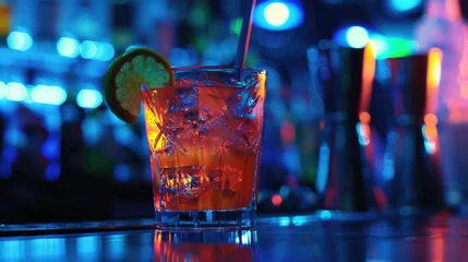 Foto op Plexiglas A glass of alcohol with a lime slice on the rim. Suitable for bar and restaurant promotions © Fotograf