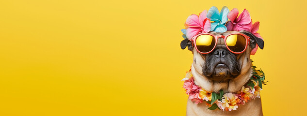 Stylish dog with hawaiian costume on yellow background. Summer festive time, Happy holiday