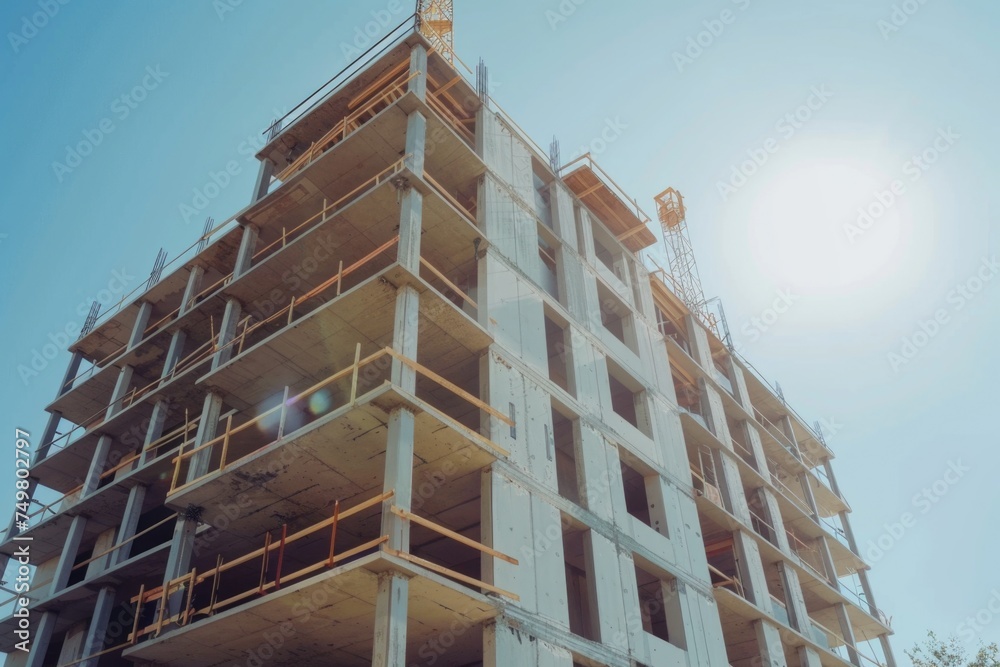Poster a tall building with a crane on top, suitable for construction or urban development projects