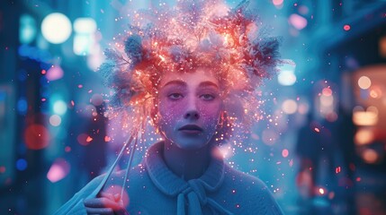 Dreamlike Portrait with Cosmic Fireworks, captivating portrait of a person adorned with a cosmic explosion of sparkling fireworks, evoking a sense of wonder.