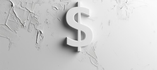 A dollar sign symbol is hanging on a white wall, showcasing circular abstraction, a plaster texture, and a matte background.