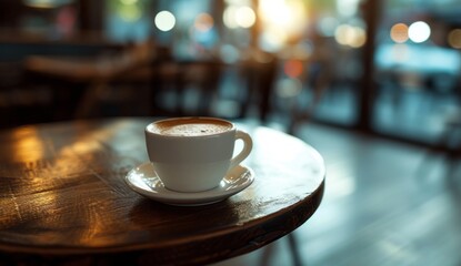 A coffee cup is placed on a table in a cafe, the scene is captured with a bokeh panorama effect, showcasing recycled materials, dark white and light orange colors. - obrazy, fototapety, plakaty
