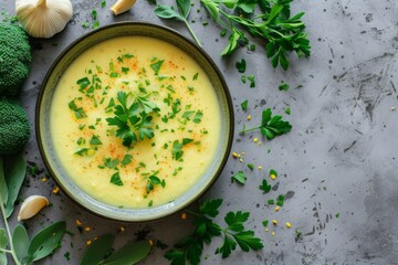 A beautiful yellow creamy soup of broccoli, garnished with parsley, garlic, onion, sage, rosemary, and parsley, is presented.