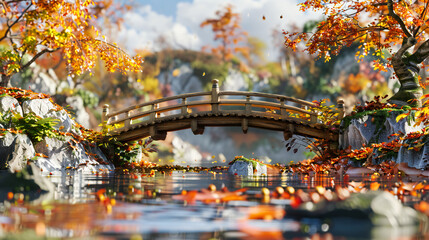 Zen Moment: Tranquil Japanese Garden Oasis Amid Vibrant Fall Foliage and Serene Waters