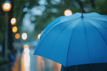 A person is seen holding a blue umbrella over his head in a wet outdoor area, showcasing a bokeh panorama, relief, gesture, and organic material.