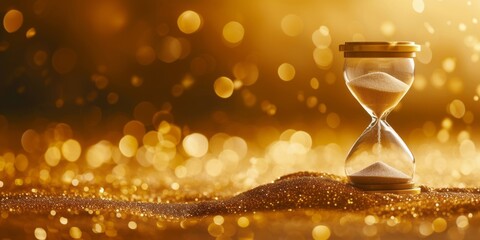An hourglass, with a pile of sand, is captured in a shot on a gold background, showcasing bokeh, timeless elegance, precarious balance, and light beige and silver colors.