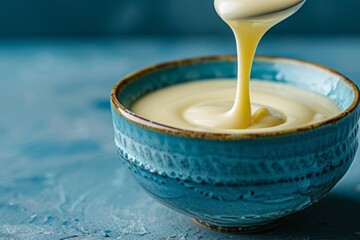 A spoon is seen pouring white sauce into a bowl on a blue background, showcasing childhood arcadias, raw vulnerability, unpolished authenticity, and light yellow and light amber colors. - obrazy, fototapety, plakaty