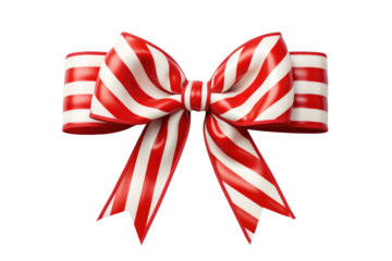Red and White Striped Bow. A red and white striped bow sitting on a plain white background. The bow is neatly tied and creates a striking contrast against the clean white backdrop.