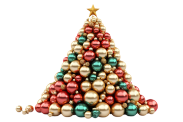 Christmas Tree Ornament. A Christmas tree is created entirely out of colorful ornaments, carefully arranged and hanging on invisible strings against a white backdrop.