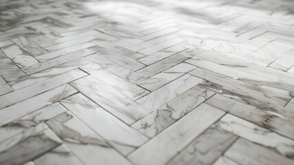 An ultra-high-definition image showcasing a luxury floor design with marble tiles in a classic herringbone pattern, featuring contrasting hues of white and gray for a timeless and sophisticated look.