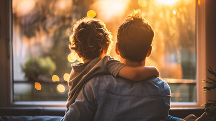 Back view of father and son hugging and looking out the window at home