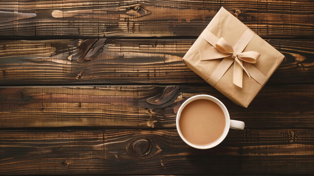 Cup of coffee and gift box on wooden table. Top view