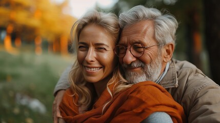 Joyful Senior Couple Embracing Autumn, affectionate senior couple wrapped in an orange scarf shares a tender moment, their faces glowing with happiness in the golden light of autumn
