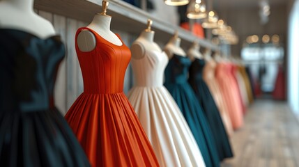 Boutique Display of Designer Dresses, row of elegant haute couture dresses on mannequins, showcasing a spectrum of vibrant colors in a chic boutique setting