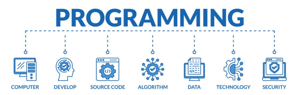 Banner of programming web vector illustration concept with icons of computer, develop, source code, algorithm, data, technology, security