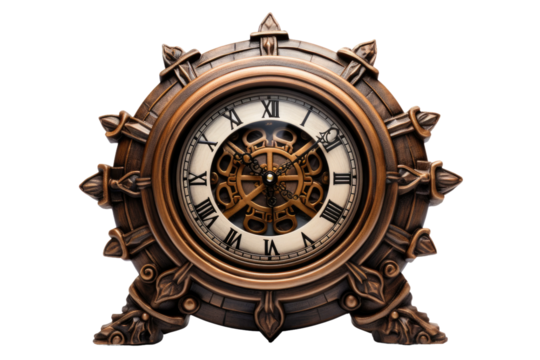Clock Sitting on Table. A clock is placed on a wooden table, displaying the time. The clocks hands are ticking, indicating the passing of time. on White or PNG Transparent Background.