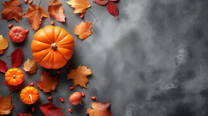 Thanksgiving and Autumn decoration concept made from autumn leaves and pumpkin on stone background. Flat lay, top view with copy space. 