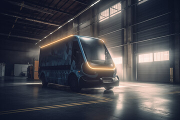 Electric Van Delivering in warehouse. Electric cargo van. Modern E Delivery EV truck. Production of Electric delivery van for Transport logistics. Driverless rivan in warehouse. Ai Generative - obrazy, fototapety, plakaty