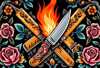 Fotobehang Illustration of Vintage, Flash art, Tattoo, flowers, knife, knives, dagger, sword, Retro, Old-school, Ink. © freelanceartist