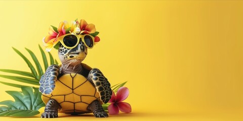 Turtle with sunglasses hawaiian style with copyspace on yellow background. Summer festive time, Happy vacation