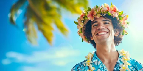 Fotobehang Portrait of a stylish man with hawaiian costume. Summer fashionable trend style, Cheerful and happy young male having fun on tropical sea and beach background © CYBERUSS