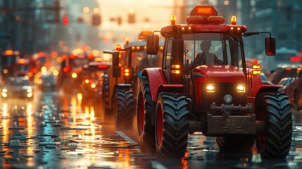 Evening Tractor Parade in Urban Rain, vibrant procession of tractors takes over city streets on a rainy evening, their lights reflecting on wet asphalt