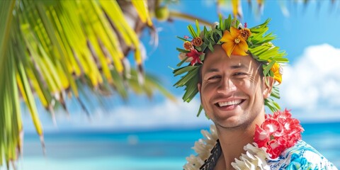 Portrait of a stylish man with hawaiian costume. Summer fashionable trend style, Cheerful and happy young male having fun on tropical sea and beach background