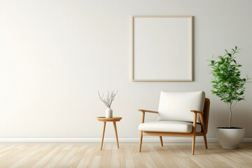 Cozy Scandinavian living room with a lone chair, plant, and a blank frame, exuding warmth and simplicity.