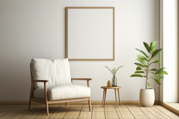 Tranquil living space with a lone chair, botanical touch, and an empty frame for personalized messages.